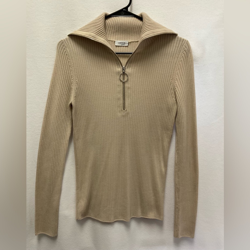 Akris Punto Beige Ribbed Zip-Neck Sweater